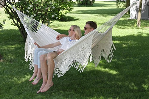 Vivere Double Deluxe Cotton Brazilian Style Hammock with Fringe - 450 lb Weight Capacity