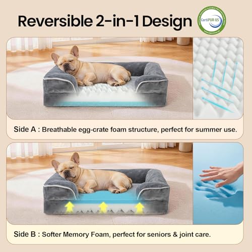 OhGeni Orthopedic Dog Bed Couch Cat Sofa for Medium Sized Pets with Memory Foam, Machine-Washable Waterproof Removable Cover, Soft Comfortable Fabric, 28-inch (Gray) - color: 01-Gray, size: 28"x19"x6.5"