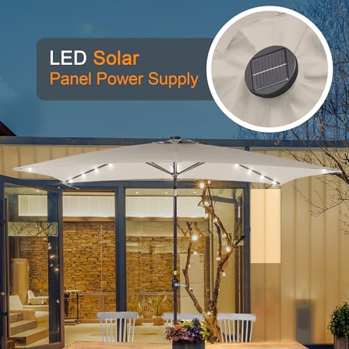 Rectangle Patio Umbrella with Solar Lights, 10 x 6.5ft Rectangular Outdoor Umbrella Table Market Patio Umbrella with Push Button Tilt and Crank for Garden, Deck, Backyard, Pool - color: Beige