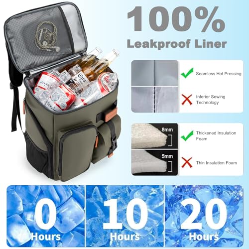BAGPARKK Insulated Cooler Backpack,33/45 Cans Multifunctional Double Deck Leakproof Cooler Bag with Sternum Strap,Large Capacity Lightweight Travel Camping Beach Backpack - color: Green, size: 33Can