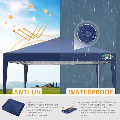 COBIZI 10x10 Pop Up Canopy Tent with 4 Sidewalls, Easy Set up Canopy 10x10 Waterproof Commercial Outdoor Gazebo Portable Shelter Instant Tents for Parties,Backyard,Flea Market(Carrying Bag×1,Navy Blue - color: Navy Blue, size: 10x10FT with 4 sidewalls