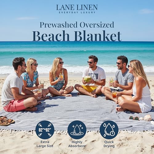 LANE LINEN Beach Blanket – Sand-Free, Extra-Large Picnic Mat, Quick-Dry, Pre-Washed Design (82"x82"), Beach Essentials for Family Picnics and Poolside Relaxation, Machine Washable – Smoky Black - color: 14: Smoky Black, size: Beach Blanket (80" x 80")