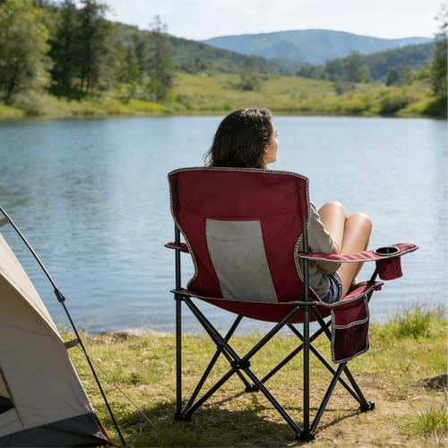 Folding Camping Chair Mesh Back Portable Breathable Outdoor Chairs with Carry Bag & Cup Holder for Camping, Beach, Fishing, Sports, Patio, Red - color: Red