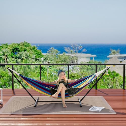 Double Hammock with Steel Stand - 2 Person Hammock Bed Indoor Outdoor, Brazilian-Style, with Carry Bag, 450lb Capacity, Portable & Easy Assembly, Tropical - color: Tropical