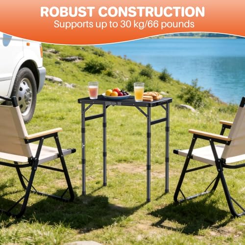 FUNYKICH Camping Table with Waterproof Plastic Tabletop 22.8''x15.7'', 3 Height Adjustable Small Folding Table, Lightweight Portable Picnic Table with Carry Handle for Picnic, Beach, Travel, Black - color: Black