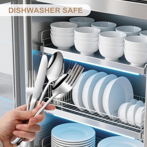 Silverware Set 20 Piece Stainless Steel Flatware Set Silverware Utensils for 4 People Includes Forks Knives Spoons & Salad Forks Dishwasher Safe Durable Tableware for Home Restaurant or Outdoor Use - style: 20-Piece Silver