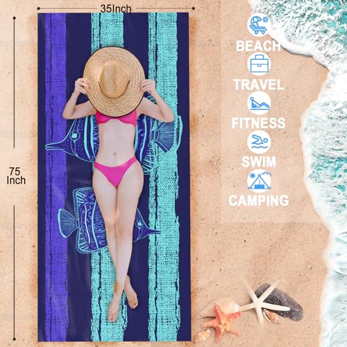 Bnuitland Stripy-Blue Fishes Pattern Beach Towel (35X75 inches), Oversized Quick Drying Absorbent Sand Free, Lightweight Towels for Travel Swimming Pool Picnic, 88% Polyester and 12% Polyamide, Blue - color: Fish Blue