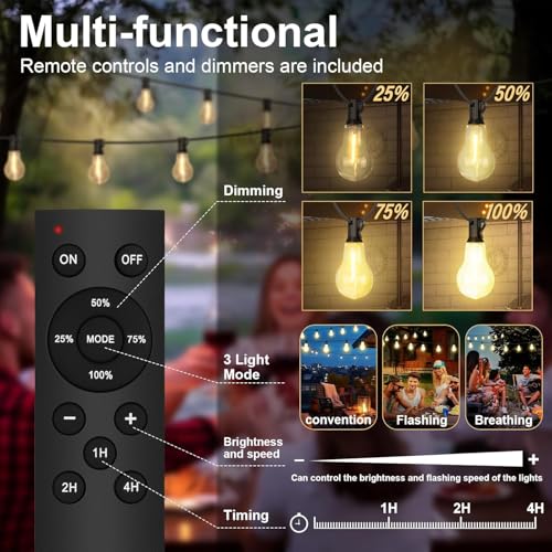 26FT Outdoor String Lights Waterproof with 17+2 Bulbs (1.5FT Bulbs Spacing), Remote & Dimmer, Commercial Patio String Lights with 3 Mode Light & Timing, 50PC Mounting Ties for Outside - size: 26FT With Remote
