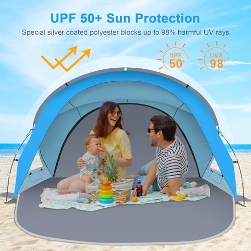 Gorich Beach Tent Sun Shelter with UPF50+ UV Protection for 1-2/3/4-5/6-7 Person, Lightweight & Portable Beach Shade Canopy with 2 Zippered Doors, Easy Setup Family Beach Umbrella - color: Skyblue, size: 3 Person