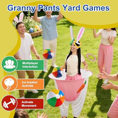 UATKIMI 11Pcs Easter Game Set for Adults Family, 1 Bunny Granny Pants Tossing Game, 4 Inflatable Balls, 1 Inflatable Rabbit Ears with 4 Rings and 1 Pump for Group Gatherings, Easter Party Favors Gift