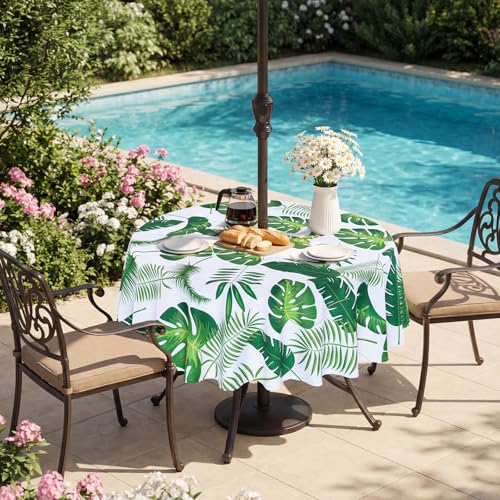 SquarePie Round Outdoor Tablecloth with Umbrella Hole - 70 Inch Water Resistant & Spillproof Table Cloth,Zipped Patio Picnic Table Cover for Camping/Picnic/BBQs/Backyard,Palm Leaf - color: Palm Leaf, size: 70" (Round)