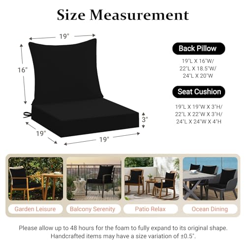 downluxe 19x19 Outdoor Chair Cushions, Waterproof Fade Resistant Patio Furniture Cushions with Handle & Removable Cover, Deep Seat Outdoor Cushions for Sofa, Couch and Patio Chairs, Black - color: Black, size: 19 x 19 Inch