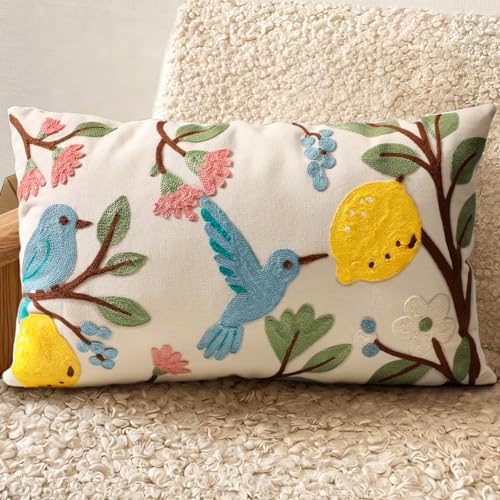 Embroidered Lumbar Pillow Cover 20x12 Inch - Spring Summer Boho Decorative Pillow Cover with Zipper for Living Room Couch Sofa Bed Aesthetic Design Bird Lemon Cushion Pillowcase - color: Bird Lemon, size: 20" x 12" (Pack of 1)