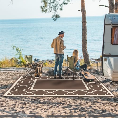 GENIMO 5' x 8' Outdoor Rug Waterproof for Patio Decor, Foldable Reversible Plastic Straw Area Rugs Mat for Camper, Outside Carpet for Rv, Deck, Porch, Picnic, Beach, Balcony, Coffee & Beige - color: Coffee&beige, size: 5' x 8' (Rectangular)