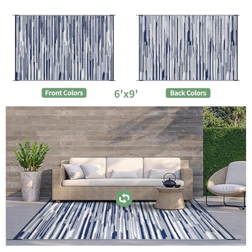 GENIMO Outdoor Rug for Patio Clearance, 6'x9' Waterproof Camping Mat, Reversible Plastic Straw Rugs for RV, Camper, Balcony, Backyard, Picnic, Deck (Blue White) - color: Blue White, size: 6' x 9' (Rectangular)