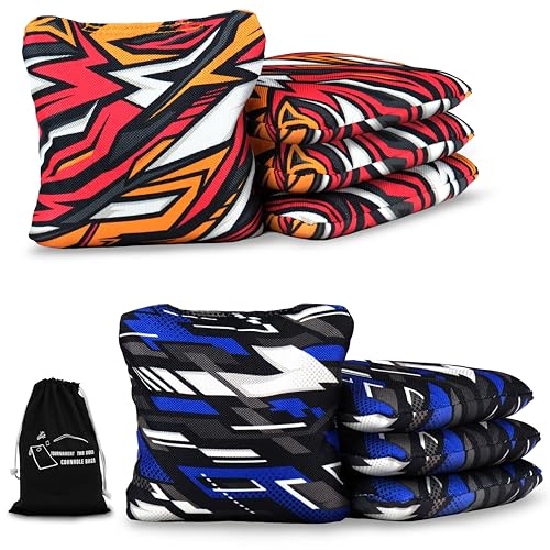 Professional Cornhole Bags Set of 8 - Dual Sided Stick & Slide (Suede/Woven) - Premium Resin Filled Regulation Weight & Size (6x6, 16oz) - Double Stitched Reinforced Seams with Carry Tote - color: Nitro Velocity