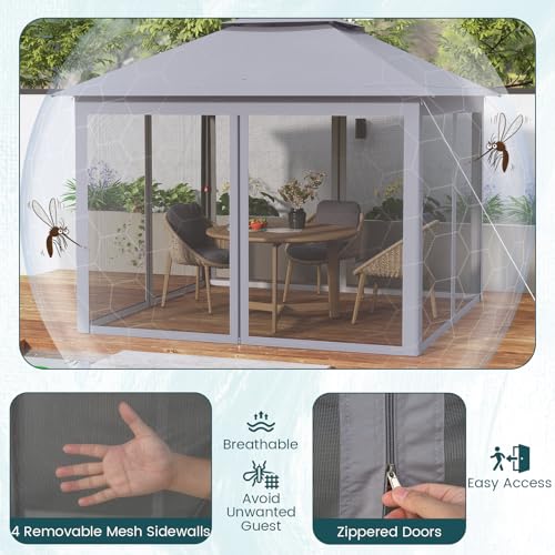 Goplus11 ft × 11 ft Pop up Gazebo, Portable Screen Canopy Shelter w/Mesh Netting Sidewalls, Vented Top, Drainage Holes, Heavy-Duty Height Adjustable Easy Setup Party Tent for Backyard - color: Gray