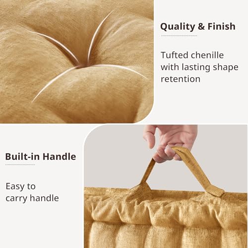 Intelligent Design Large Floor Pillow for Adults Yoga or Meditation Cushion with Handle, Floor Cushion for Board Games, Lustrous Chenille Tufted, Handsewn Scalloped Edge, Azza, 24" x 24" x 5" Yellow - color: Square Yellow With Handle, size: 24"W x 24"L x