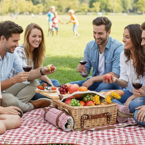 Multifunctional Wicker Picnic Basket Set for 2 with Blanket and Picnic Table, Insulated Picnic Set with Full Tablewares for Camping Outdoor Couples, Gingham - color: Gingham With Blanket &Table for 2