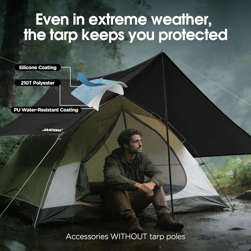 JAICOM Waterproof Hammock Rain Fly, Portable Camping Tarp - 12ft x 9.5ft Large Camp Tarp with Tent Stakes & Trap Clip & Guy Lines, Ultralight Shelter for Backpacking, Outdoor Shade - color: Black