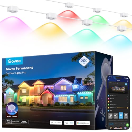 Govee Permanent Outdoor Lights Pro, 200ft with 120 RGBIC LED Lights for Daily and Accent Lighting, 75 Scene Modes for Patio Decor, IP67 Waterproof, Works with Alexa, Google Assistant, Matter, White - color: White, size: 200ft