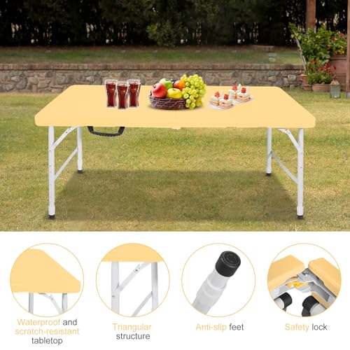 Portable 4Ft Folding Table, Heavy Duty Plastic Fold-in-Half Utility Foldable Table, Adjustable Height Plastic Folding Table with Carrying Handle for Camping &Party Indoor/Outdoor(Light Yellow) - color: Light Yellow, size: 4Ft