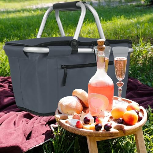 SIYUAN Collapsible Picnic Basket Insulated with Lid 27L Large Capacity Reusable Portable Folding Market Shoping Bag with Handles for Grocery - color: Dark Grey