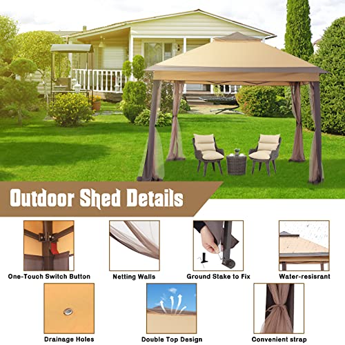 11x11 FT Gazebo Tent, Outdoor Tents for Parties with Mosquito Netting, Folding Heavy Duty Height Adjustable Canopy Tent for Patio Backyard Garden (Brown) - color: Brown