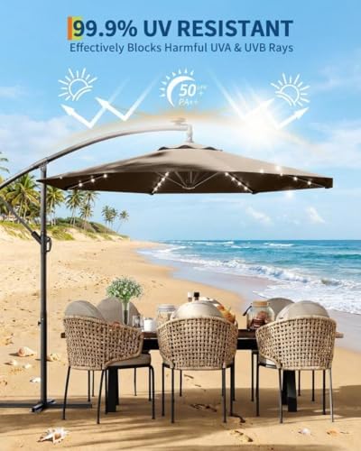 Jojoka 10FT Cantilever Patio Umbrella with Solar LED Lights - Offset Outdoor Umbrella - Easy Lift & Tilt - UV Protection - Fade Resistant - Ideal for Deck, Pool, Garden - color: Tan