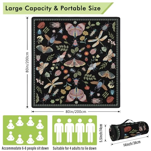 Insect Picnic Blankets Waterproof Foldable, 80″X80″ Extra Large Picnic Mat Boho Outdoor Blanket for Grass, Cute Packable Beach Blanket Sandproof Picnic Accessories for Camping Music Festival Park Lawn - color: C06, size: 6'8" X 6'8" (Square)