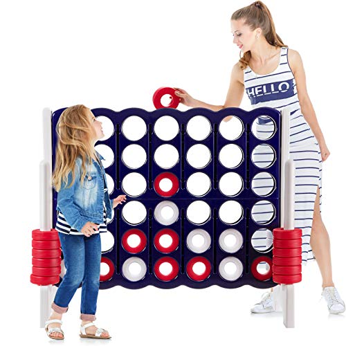Costzon Giant 4-in-A-Row, Jumbo 4-to-Score Giant Game Set for Kids & Adults, Indoor Outdoor Yard Connect Game, 3.5FT Tall with 42 Jumbo Rings & Quick-Release Slider, Perfect for Family & Party Games - color: Navy Blue/White