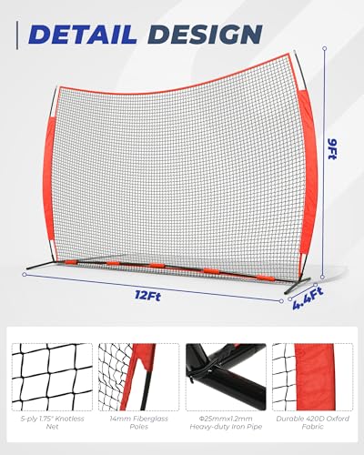 12x9/16x10/20x10ft Barricade Backstop Net, Ball Sports Barrier Netting, Protection Screen for Baseball Softball Lacrosse Soccer Hockey Training for Backyard with Carry Bag - size: 12x9ft