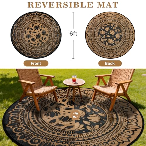 6' Round Outdoor Rug for Patio, Waterproof Fade Resistant Plastic Straw Mat, Reversible Modern Floral Design Portable Easy Cleaning Outdoor Carpet for RV Camping Deck Backyard, Black & Brown - color: Black Flower, size: 6' (Round)