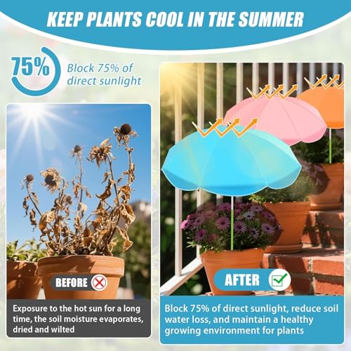 Axcoix 8 Pack Upgraded Plant Umbrellas for Outdoor Plants, 26" Larger Garden Plant Umbrella Shade with Adjustable Angle, 43.4" Higher Sun Shade for Plants, Potted Plant, Garden Beds - color: 8 Pack-2Pink 2Blue 2Green 2Orange