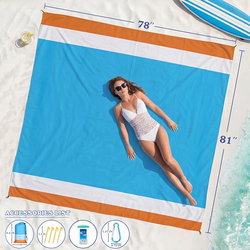 Famstar Beach Blanket Oversized Extra Large78 X 81",Waterproof Sandproof Beach Blanket 1-7 Adults Lightweight Durable for Travel Camping Hiking Picnic (78" X 81", Orange&Blue) - color: Orange, size: 78" X 81"