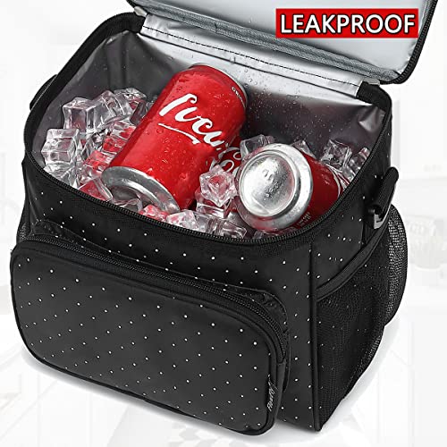 FlowFly Insulated Reusable Lunch Bag Adult Large Lunch Box for Women and Men with Adjustable Shoulder Strap,Front Zipper Pocket and Dual Large Mesh Side Pockets,Dot - color: Dot