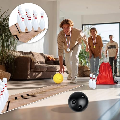 Mini Bowling Set Indoor Outdoor Indoor Bowling Set with Guide Arrow Mat Gold and Silver Medal Backpack Dispensing - color: White