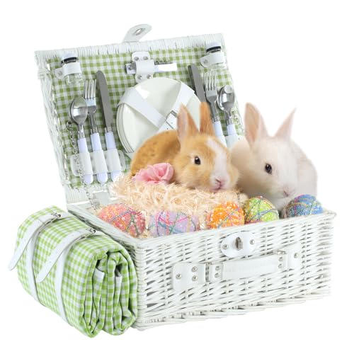 Picnic Basket Set for 4 with Waterproof Blanket Mat Insulation Bag Wicker White Green Plaid Classic Fresh Gift for Christmas Thanksgiving Wedding Birthday Camp Outdoor Beach Travel - color: Green Plaid