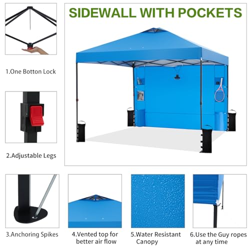 Tunbne 10'x10' Pop Up Canopy Tent with 1 Sidewall and 6 Pockets, One Push Setup, Instant Shade Tent with Vented Roof for Beach Patio Outdoor, Case, 8 Stakes, 4 Ropes, 4 Sandbags (Blue, 10x10) - color: Blue, size: 10x10