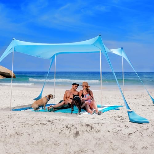 SUN NINJA Beach Tent Sun Shelter UPF50+ - Easy Pop Up Beach Canopy - Outdoor Shade for Camping Trips, Fishing, Backyard Fun Picnics - Sand Shovel, Ground Pegs & Stability Poles - color: Turquoise, size: 10x10 FT 4 Pole