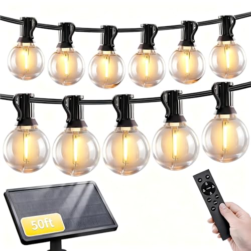 SANBEN Solar String Lights Outdoor with Remote, 50ft 25 Bulbs Solar Powered Patio Lights Waterproof, Dimmable & Timer, G40 LED Solar Lights for Camping Deck Backyard Garden Fence - size: 50ft-G40
