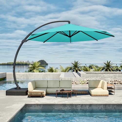 12FT Cantilever Umbrella with Base Large Curvy Outdoor Aluminum Offset Umbrella w/ 360° Rotation, UV Resistant Canopy for Patio, Garden, Backyard, Aqua Blue - color: Aqua Blue, size: 12FT