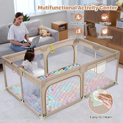 Dripex Large Baby Playpen 71"x47", Big Play Pens for Babies and Toddlers- Indoor & Outdoor Kids Safe Play Area, Soft Breathable Visible Mesh, Anti-Fall & Anti-Slip Design Baby Fence, Beige - color: Beige, size: 71"×47"