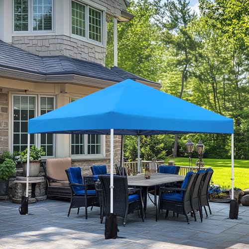Amazon Basics Outdoor Pop Up 10 x 10 Canopy Tent for Events, Portable with Easy Setup, Sun Shelter for Outdoor Activities, Includes Wheeled Carry Bag, 8 Pegs, 4 Ropes, 4 Weighted Bags, Blue - color: Blue, style: Pop Up