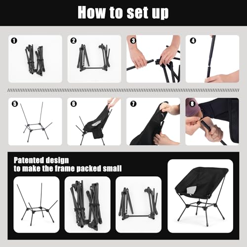 Ultralight Folding Camping Chair, 2-in-1 Height Adjustable, Square Frame for Stability, Quick Setup for Hiking Beach Fishing Motorcycle Travel - color: Black - Low Back