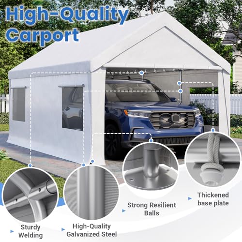 Bezseller 12x20 FT Heavy Duty Carport Canopy with Removable Sidewalls, Portable Garage Tent with Roll-Up Windows & Doors, Car Port with All-Season Tarp for Cars, Boats, Trucks, Motorcycles, White - color: White, size: 12 X 20