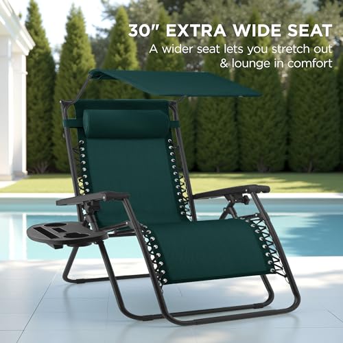 Best Choice Products 30” Wide Folding Zero Gravity Outdoor Recliner Patio Lounge Chair w/Adjustable Canopy Shade, Headrest, Side Accessory Tray - Forest Green - color: Forest Green, size: Oversized Extra Wide