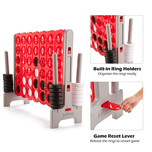 COSTWAY Jumbo 4-to-Score Giant Game Set, 4 in A Row for Kids and Adults, 3.5FT Tall Indoor & Outdoor Game Set with 42 Jumbo Rings & Quick-Release Slider, Perfect for Holiday Party & Family Game - color: Brown