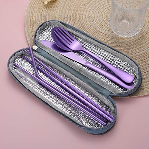 Portable Stainless Steel Flatware Set, Travel Camping Cutlery Set, Portable Utensil Travel Silverware Dinnerware Set with a Waterproof Case (Light Purple) - color: Light Purple