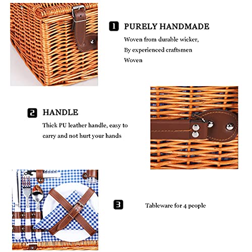 4 Person Wicker Picnic Basket Set, Large Willow Basket with Large Insulated Thermal Compartment, Free Waterproof Blanket & Cutlery Kit